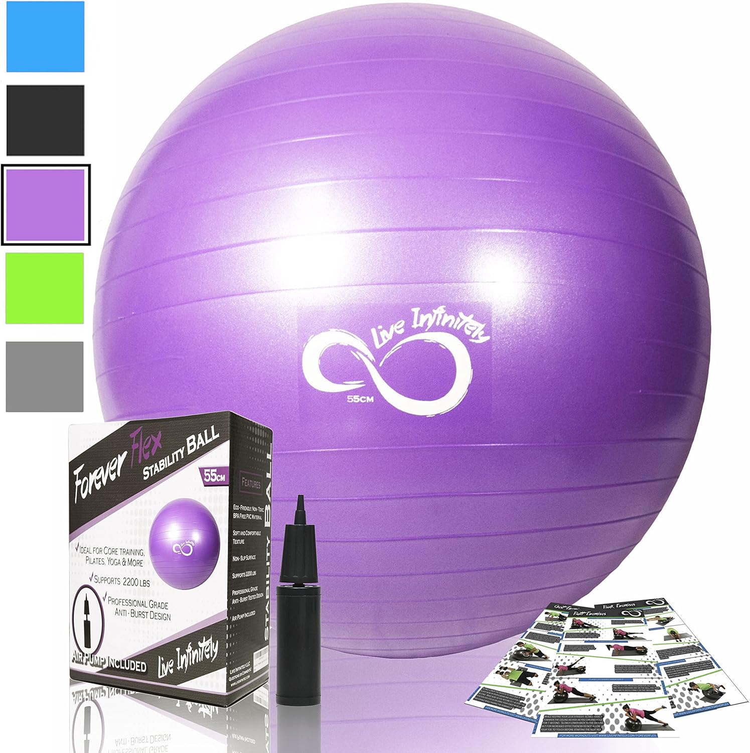 Live Infinitely Exercise Ball (55cm-95cm) Extra Thick Professional Grade Balance & Stability Ball- Anti Burst Tested Supports 2200lbs- Includes Hand Pump & Workout Guide Access: Sports & Outdoors