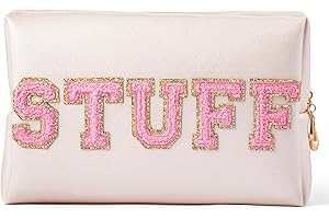 Y1tvei Preppy Makeup Bag Gifts - Preppy Patch Extra Large Stuff Varsity Letter Makeup Bag Sewn with Pink Letter PU Leather Waterproof Cosmetic Pouch Toiletry Zipper Organizer for Women (Shell Gold)