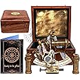 Antique Brass Nautical Sextant with Wooden Box & Extra 2 Telescopes, Kelvin & Hughes London Sextant for Mariners Surveyors, Navigation Instruments, Vintage Style Wedding & Graduation Gift