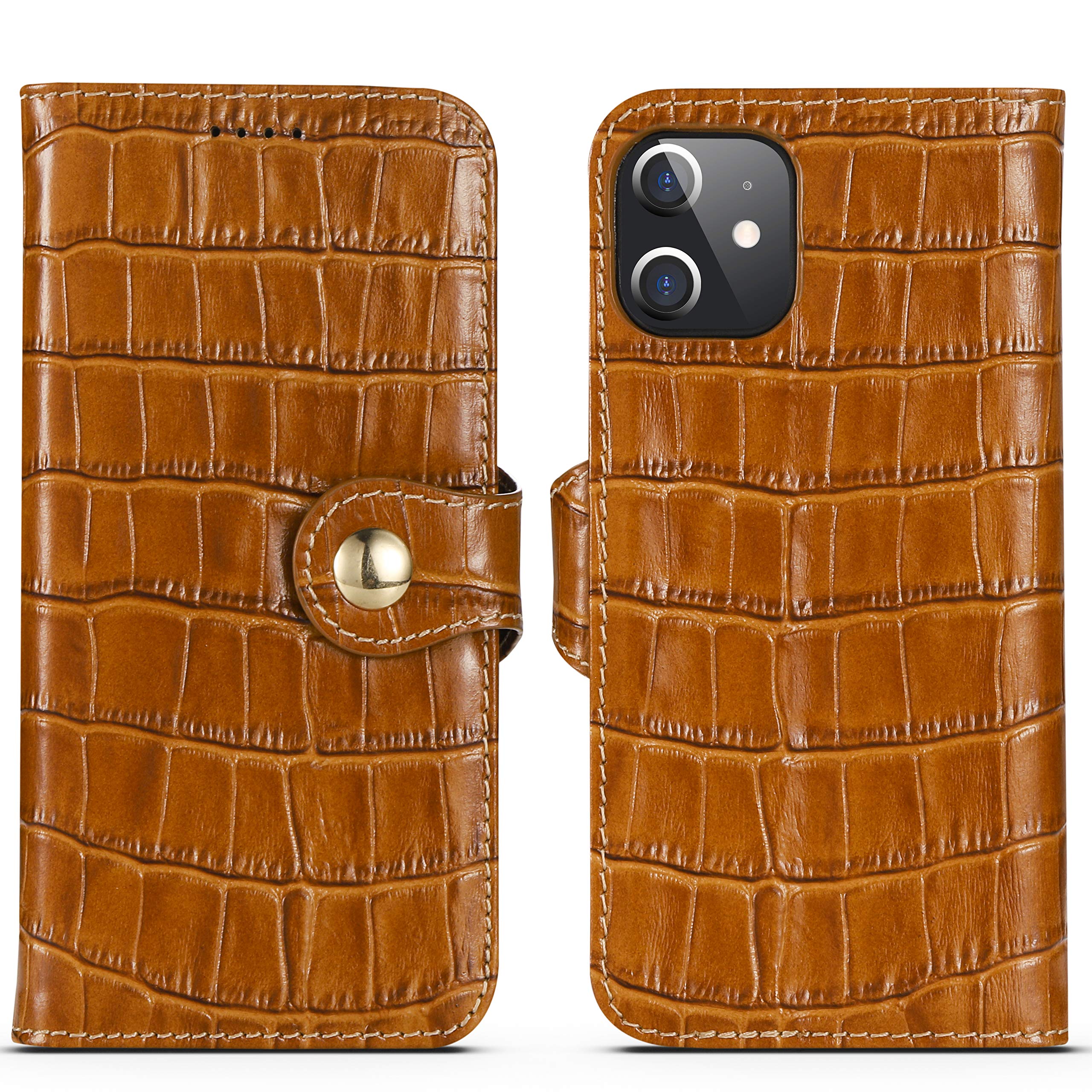 nincyee Genuine Leather Wallet Case for iPhone 12 Mini,Classic Crocodile Pattern Real Leather Flip Stand Case Cover with Card Slot Brown