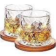 10oz Large Spinning Whiskey Glasses set of 2,Rotatable Old Fashioned Glasses,with Bamboo Coasters,Help Relieve Stress, Anxiety,Tension. Christmas Gifts Stocking Stuffers for Men,Husband,Dad,Father