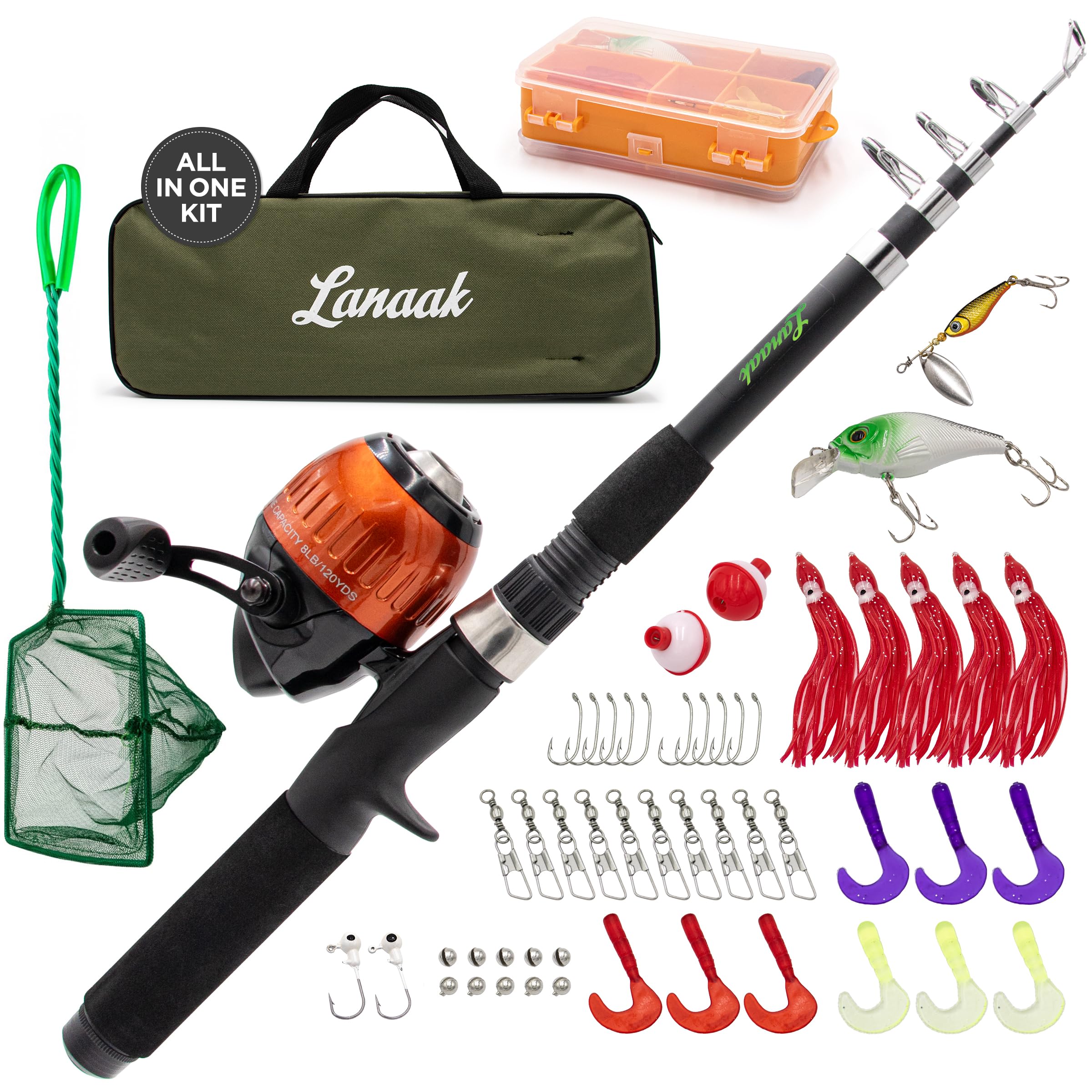 Photo 1 of Lanaak Kids Fishing Pole and Tackle Box - with Net, Travel Bag, Reel and Beginner’s Guide - Rod and Reel Kit for Boys, Girls, or Youth (Black Rod)