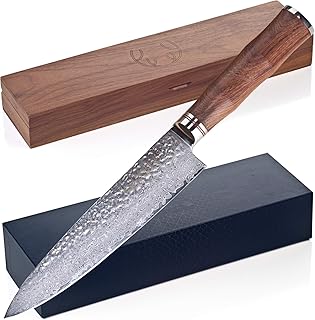 SCHWARTZHIRSCH® Caliburn – Das handgefertigte Kochmesser aus japanischem Damaststahl mit erlesenem Echtholz-Griff in exklusiver Walnußholz-Schatulle (20cm, Innovative Ergonomie, Geschenkverpackung)
