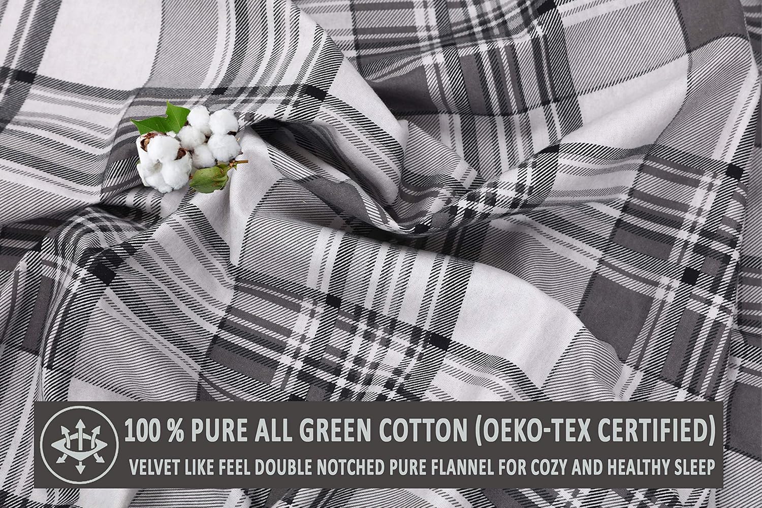 Ruvanti 100% Cotton 4 Piece Flannel Sheets Queen Balance Plaid Grey Deep Pocket-Warm-Super Soft - Breathable Moisture Wicking Flannel Bed Sheet Set Queen Include Flat Sheet, Fitted Sheet 2 Pillowcases: Home & Kitchen