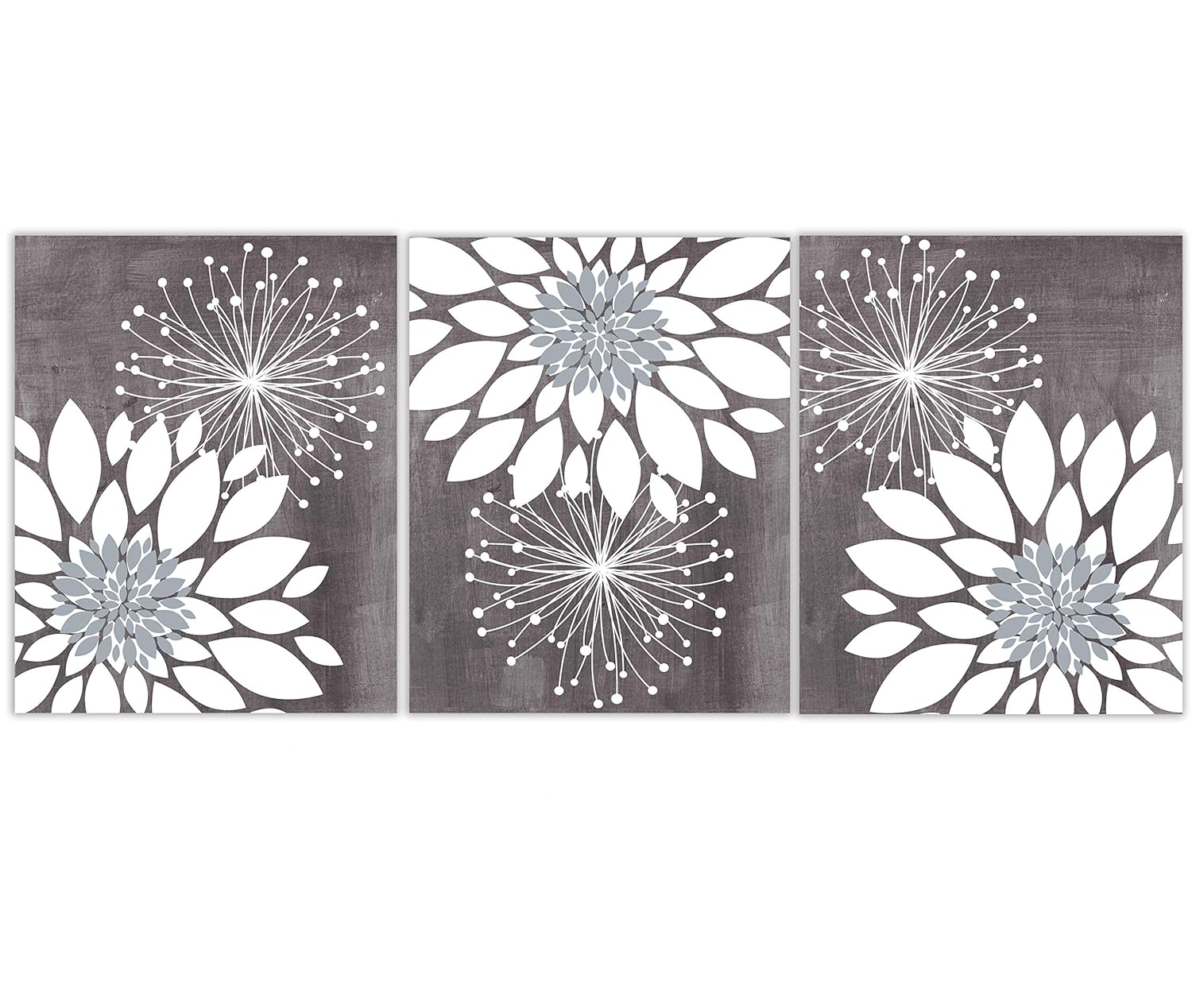 Amazon Com Gray And White Flower Burst Peony And Dandelion Wall Art Prints Set Of 3 Unframed Handmade