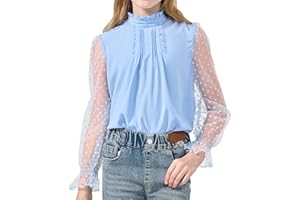 Rolanko Girls Long Sleeve Shirts Chiffon Blouses with Polka Dot Ruffle Cuffs Cute Frill Neck Tops for Girls Spring Fall 7-13Y