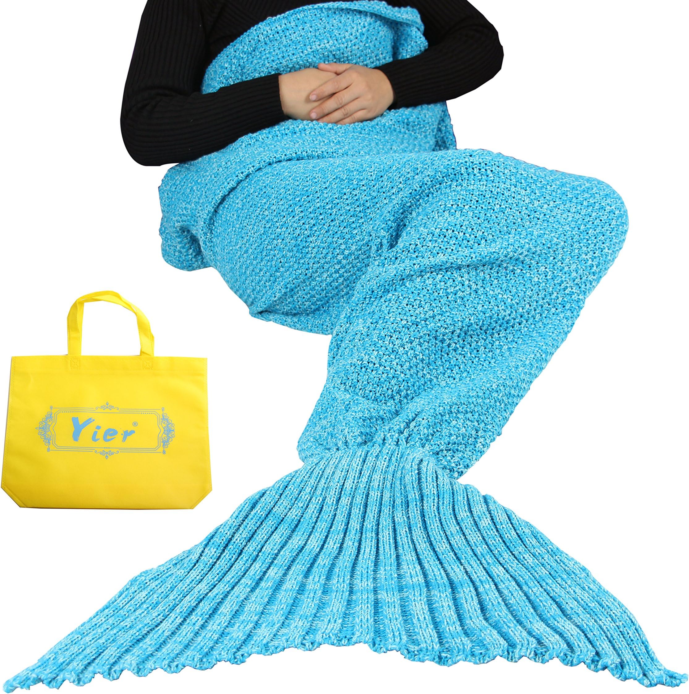 Yier? Mermaid Tail Blanket Crochet for Adult Teenagers Living Room Bedroom Sofa Super Soft Blankets Sleeping Bags-sky blue