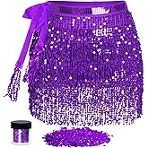Sequin Tassel Skirt Belly Dance Hip Scarf Wrap with Glitter Sequins Sparkly Fringe Skirt Rave Festival Halloween Outfit