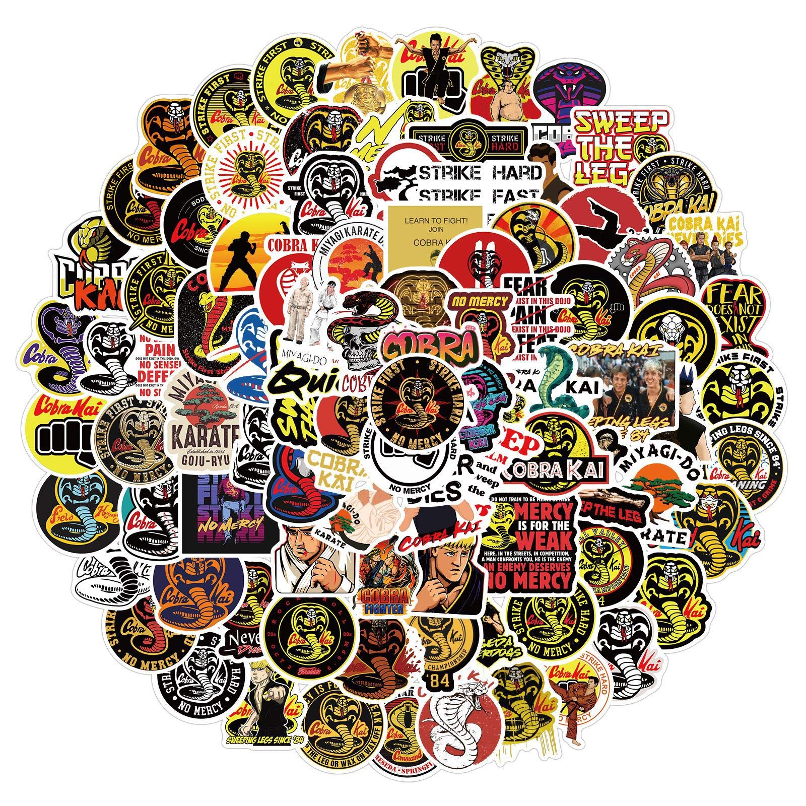 Photo 1 of 100Pcs Cobra Kai Stickers for Water Bottle, Funny TV Series Decal Gifts, Waterproof Stickers Pack for Teen Adult Laptop Computer Skateboard Phone Luggage Guitar Travel Case Bike