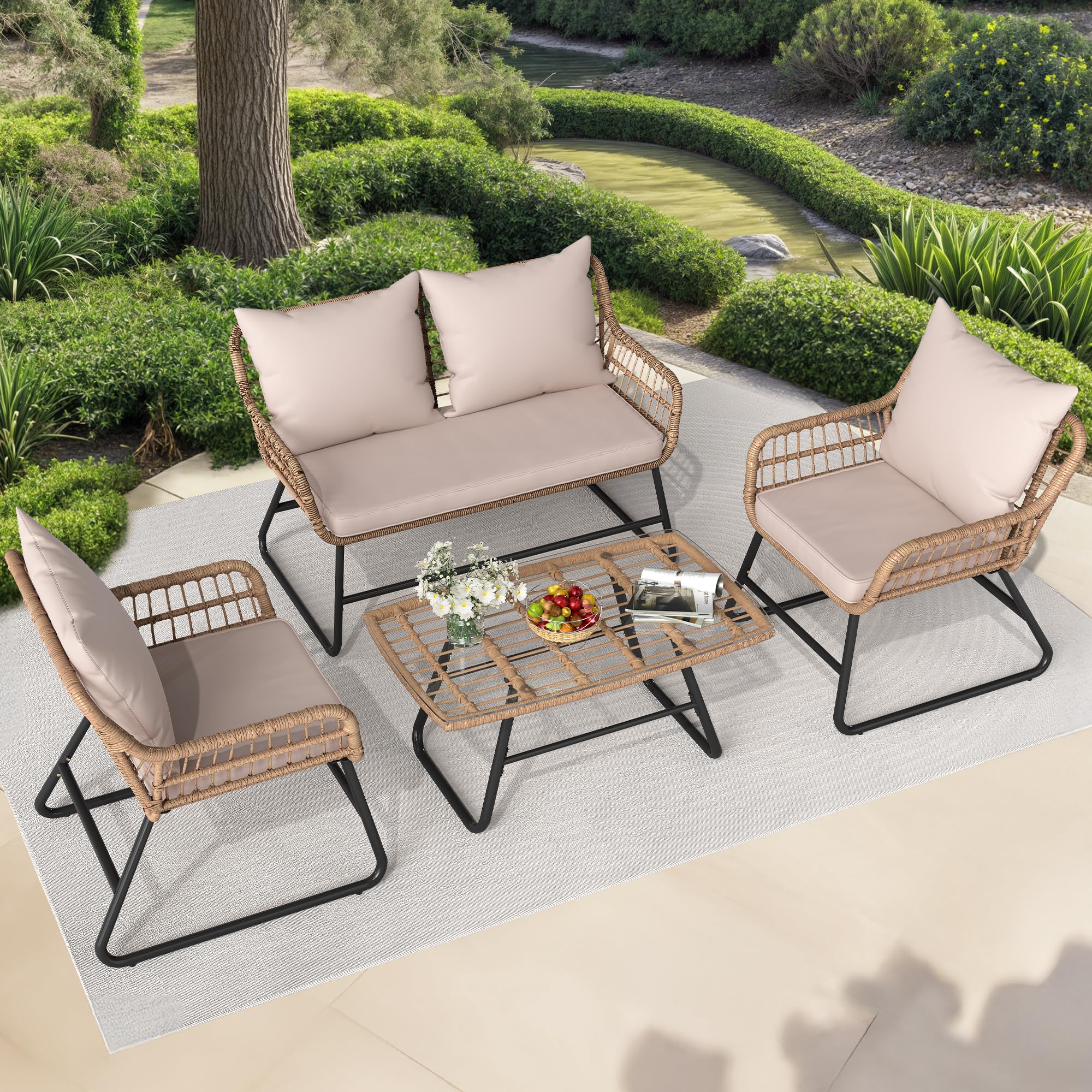 Photo 1 of YITAHOME Outdoor Patio Conversation Set 4 Pieces, Wicker Furniture with Soft Cushion & Coffee Table, Rattan Bistro Set Patio Set Chairs with Side Table for Backyard, Balcony, Deck, Beige