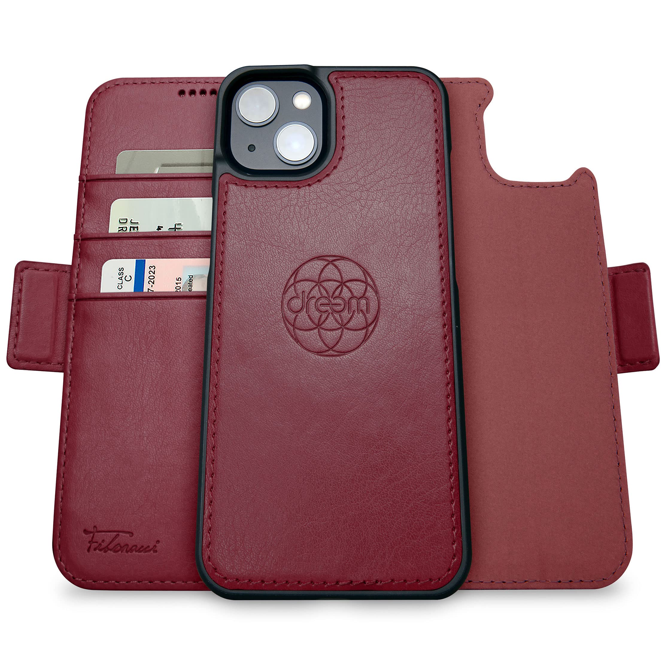 dreem 3-in-1 Wallet Case for iPhone 14/16e/17e | Built-In Kick-Stand, Magnetic Detachable Vegan Leather Flip Cover with RFID Blocking Card Holder, MagSafe Compatible, Gift Box [Fibonacci: Burgundy]