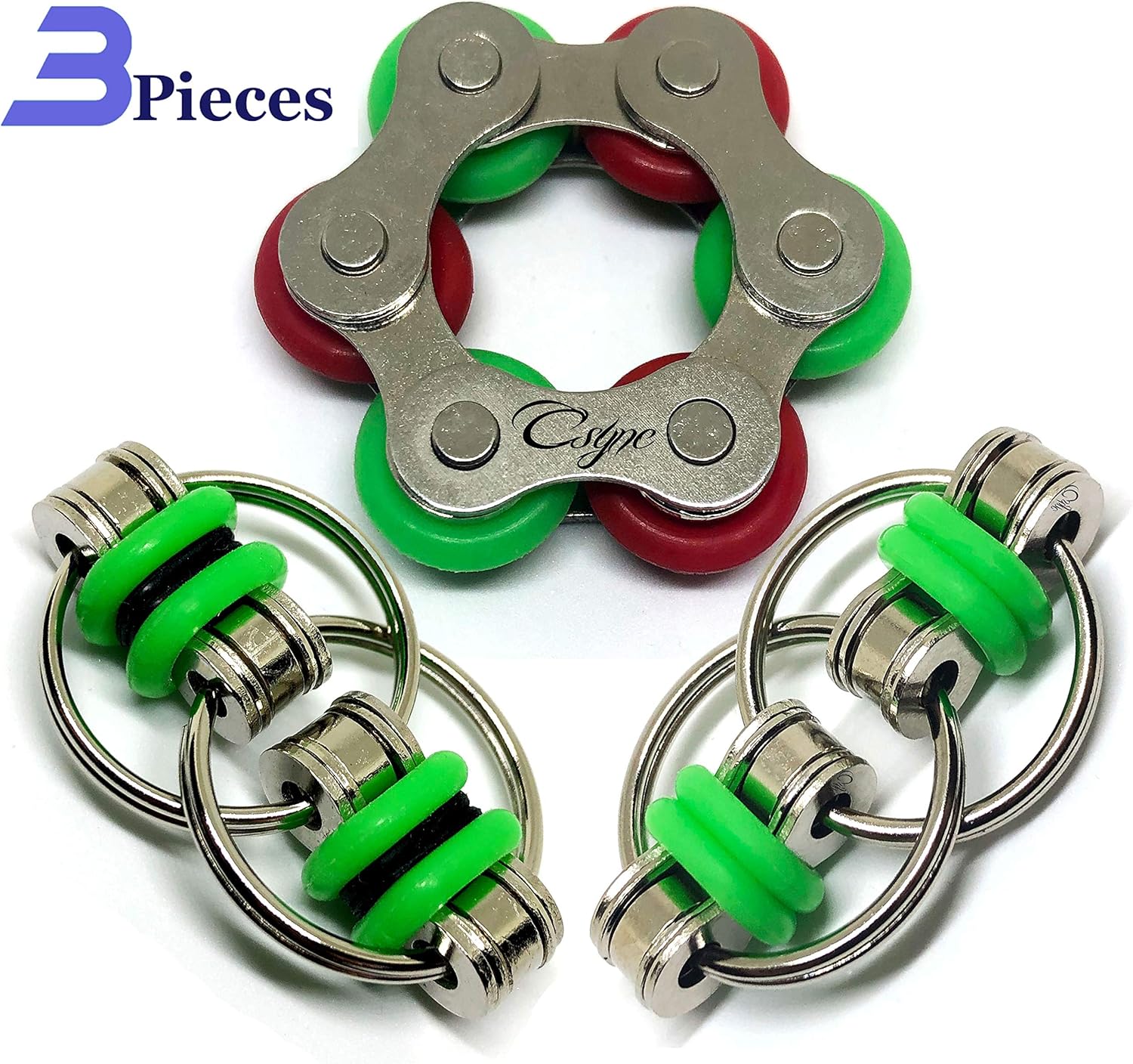 Fidget Toys Flippy Roller Chain - Stress Relief Perfect for ADHD, ADD, Anxiety in Classroom, Office, School, Work for Students, Kids Stocking Stuffers Gifts for Children or Adults (3 Piece) (Green)