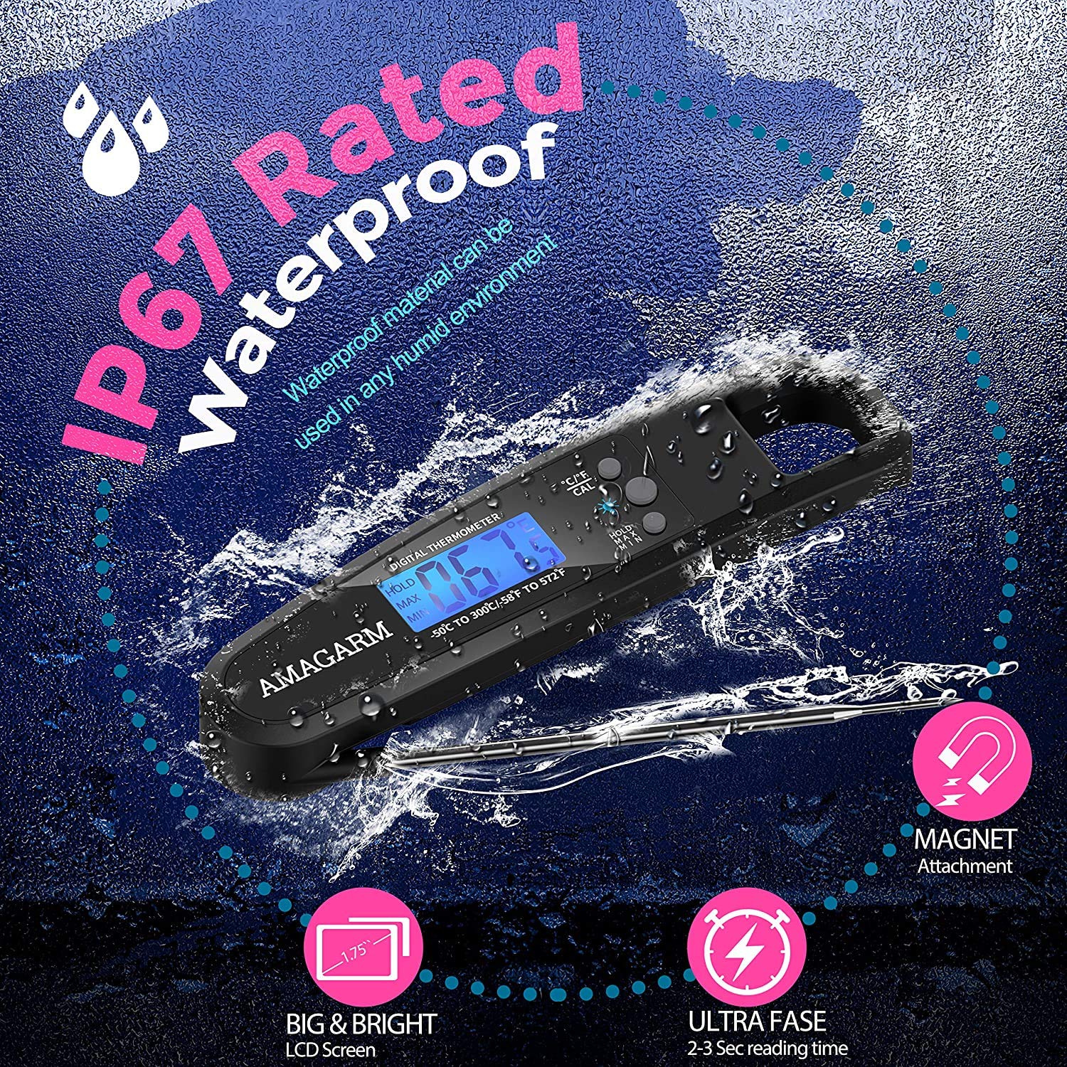 [Latest 2020] AMAGARM Meat Food Thermometer for Grill and Cooking, 2S Best Ultra Fast Instant Read Waterproof Digital Kitchen Thermometer Probe for Grilling, BBQ, Baking, Candy, Liquids, Oil: Industrial & Scientific