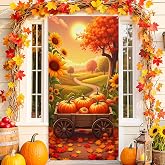 Large Fall Door Cover Decorations Fall Door Banner for Front Door Realistic Sunflower Maple Leaves Pumpkin Door Hanging Sign Autumn Harvest Backdrop Background for Thanksgiving Holiday Party Supplies