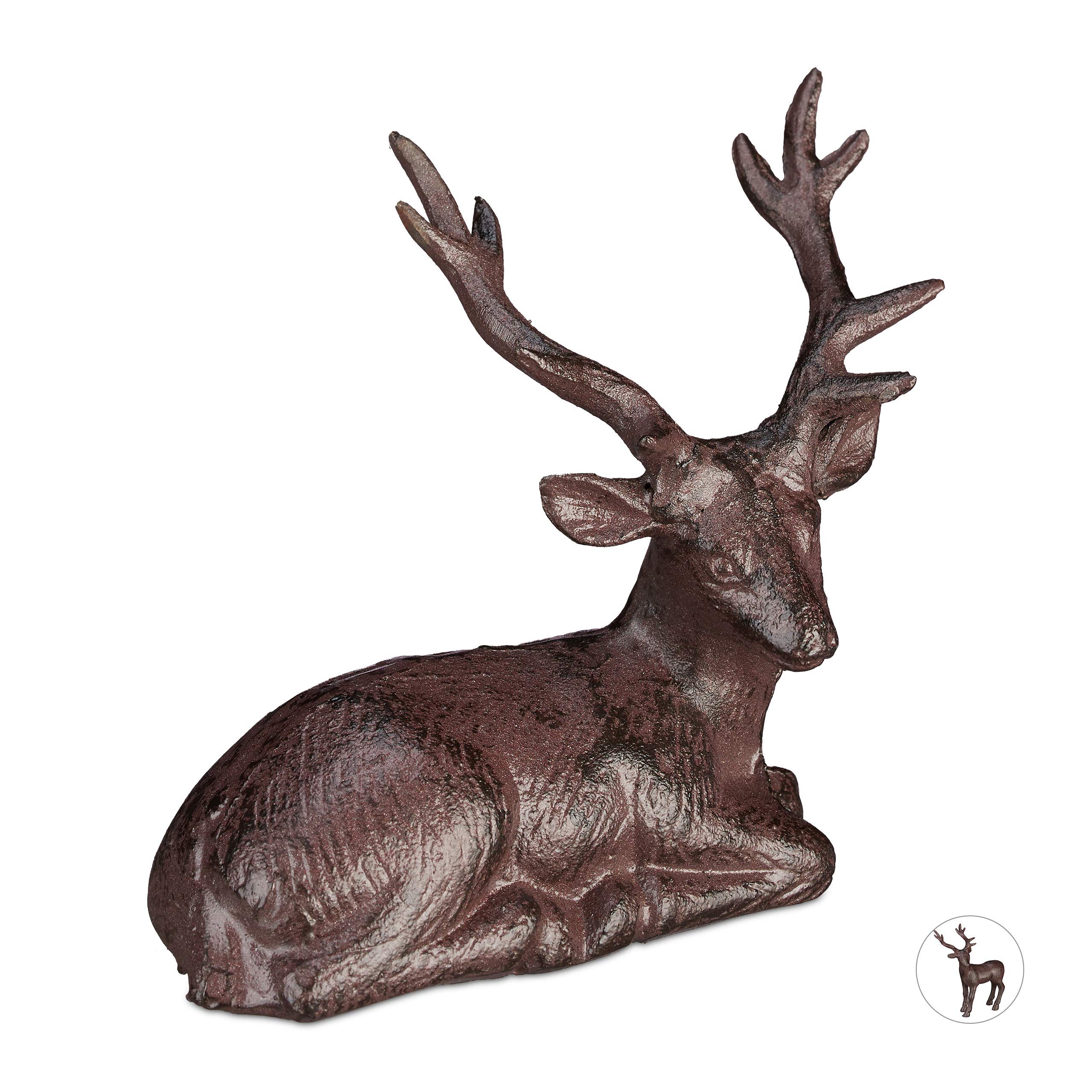 Relaxdays Deer Ornament, Sitting Decor Stag, Weatherproof, Garden, Balcony, Cast Iron, Statue, Brown