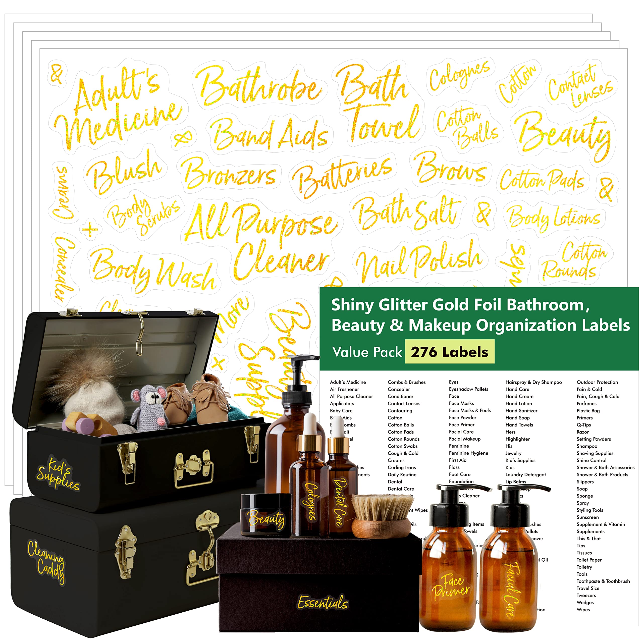 Hebayy 276 PCS Bathroom Labels, Shiny Glitter Gold Foil Beauty & Makeup Stickers 240 Pre-printed Waterproof Oil&Tear Resistant Removable Labels, 36 Blank Ones, No Residue for Home Organization
