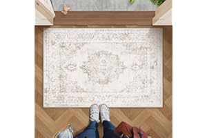 ZOMFY Area Rug 2x3 Vintage Rug: Small Washable Indoor Medallion Entryway Rug Low Pile Distressed Floor Carpet Retro Accent Doormat for Bedroom Bathroom Hallway Kitchen Home Office(Beige, 2'x3')