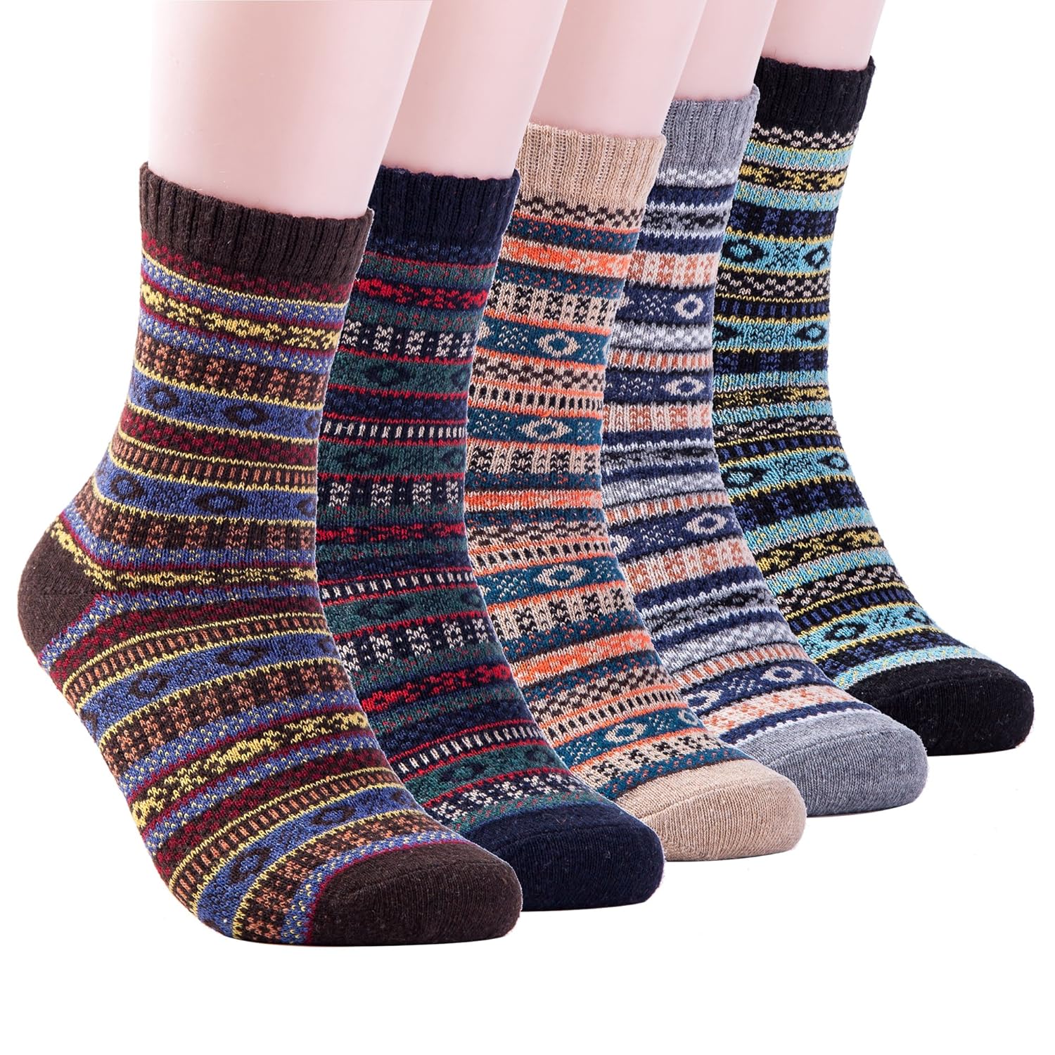 Mens Winter Warm Wool 5 pairs Crew Cute Socks Mixed Color