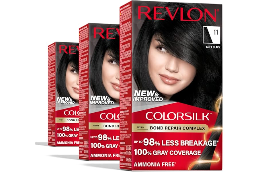 Revlon ColorSilk with Bond Repair Complex, Black Permanent Hair Color, 100% Gray Coverage, Ammonia Free Hair Dye, Vegan Keratin, 11 Soft Black (Pack of 3)