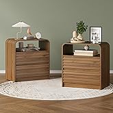 Nightstand set of 2 with Charging Station, 23.6" Wide Wood Night Stand with 2 Storage Drawers and Curved Edge, Farmhouse Fluted Bedside Table, Bed Side Table, Small End Table for Bedroom, Walnut