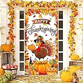 Thanksgiving Door Cover Turkey Decoration Large Happy Thanksgiving Banner Pumpkin Porch Sign for Fall Autumn Harvest Indoor Outside Front Door Farmhouse Party Supplies Photo Photography Background