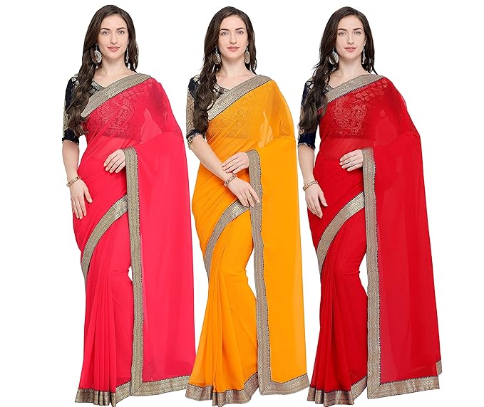 Women's Chiffon Saree with Blouse Piece with lace border (Multicolor) -Pack of 3