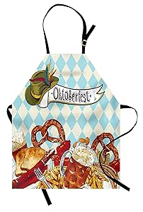 Lunarable Oktoberfest Apron, Bread Pretzel Carnival Partying Germany Costume Cheerful Festival Illustration, Unisex Kitchen Bib Apron with Adjustable Neck for Cooking Baking Gardening, Multicolor