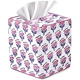 CPC Pink Sapphire Hand Block Printed Cotton Tissue Box Cover 5" x 5" x 5.5" Square Soft Reusable Boho Napkin Holder for Home Kitchen Dining Bathroom Office Cafe Spa Summer Thanksgiving