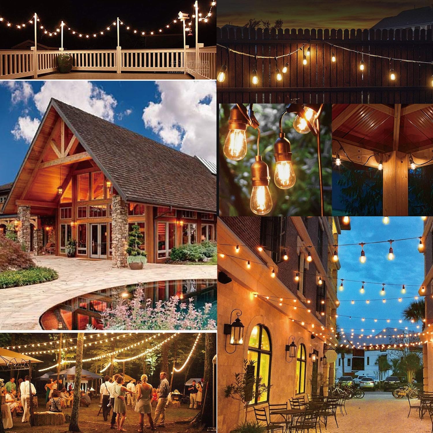 Outdoor String Lights LED 100FT Commercial Grade Heavy Duty Light String Lights with 30 Sockets 32 Shatterproof Plastic Bulbs Include 2 Spare S14 Dimmable Edison Bulbs Patio Market Cafe String Lights - - 