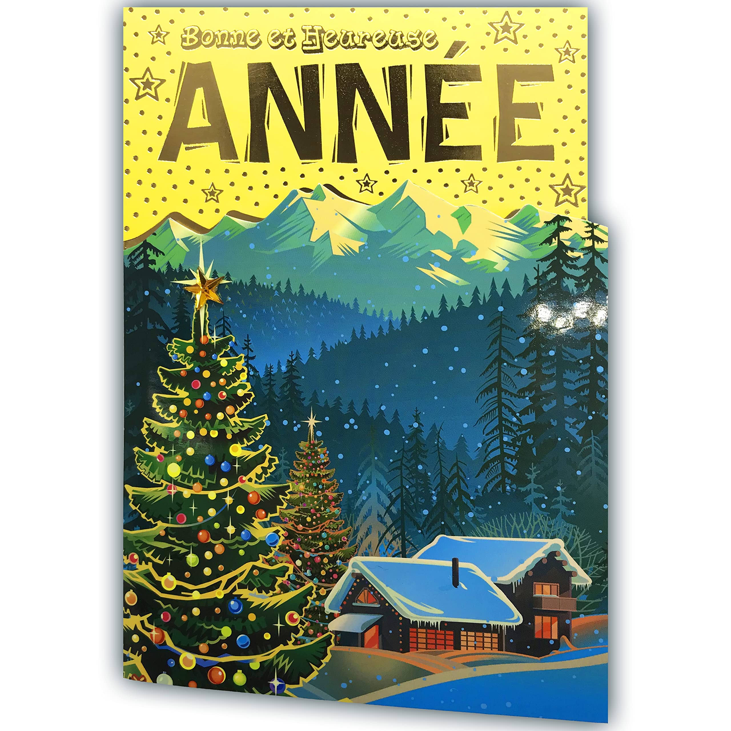 LOT10-61-4071-B BA Set of 10 Cards + 10 Envelopes - Golden Happy New Year Mountain Cut Out Star Collage