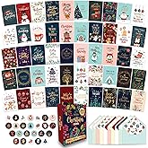Decorably 100 Pack Foiled & Glittery Boxed 6x4in Assorted Christmas Cards with Envelopes and Stickers, 100 Unique Holiday Designs Seasons Greetings for Loved Ones, Printed Message - Gifting, Mailing
