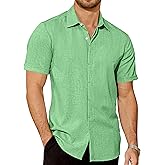 GIANZEN Mens Button Down Short Sleeve Shirt Linen Textured Summer Casual Dress Shirts Tropical Beach Vacation Wedding Tops