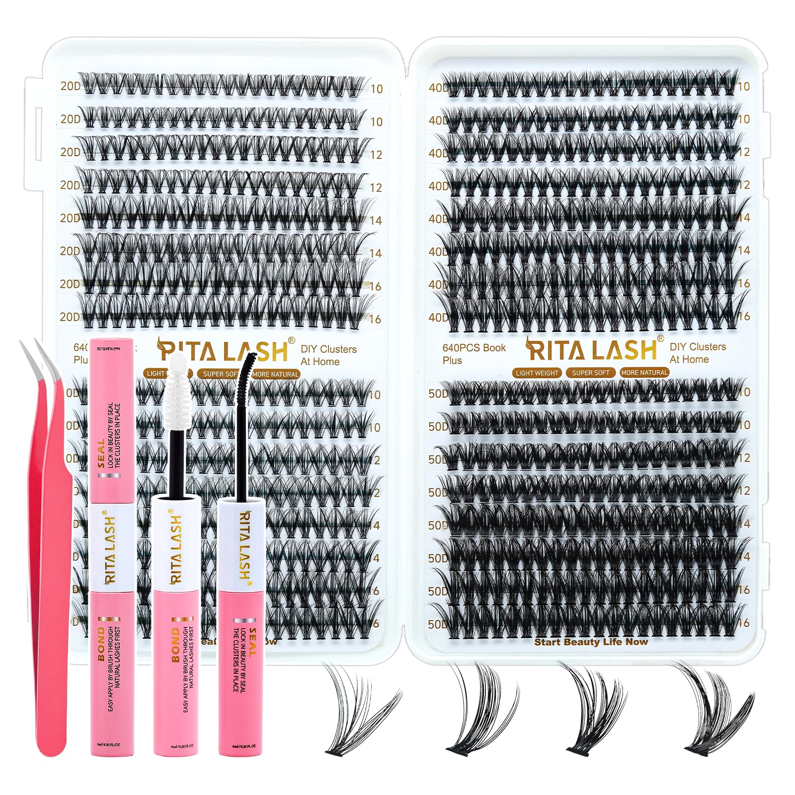 RITALASH Lash Extension Kit DIY 640pcs Lash Clusters Eyelash Extension, 10-16mm Individual Lashes with Lash Bond and Seal, Tweezers for Self Use (20D+30D+40D+50D KIT) — image 1