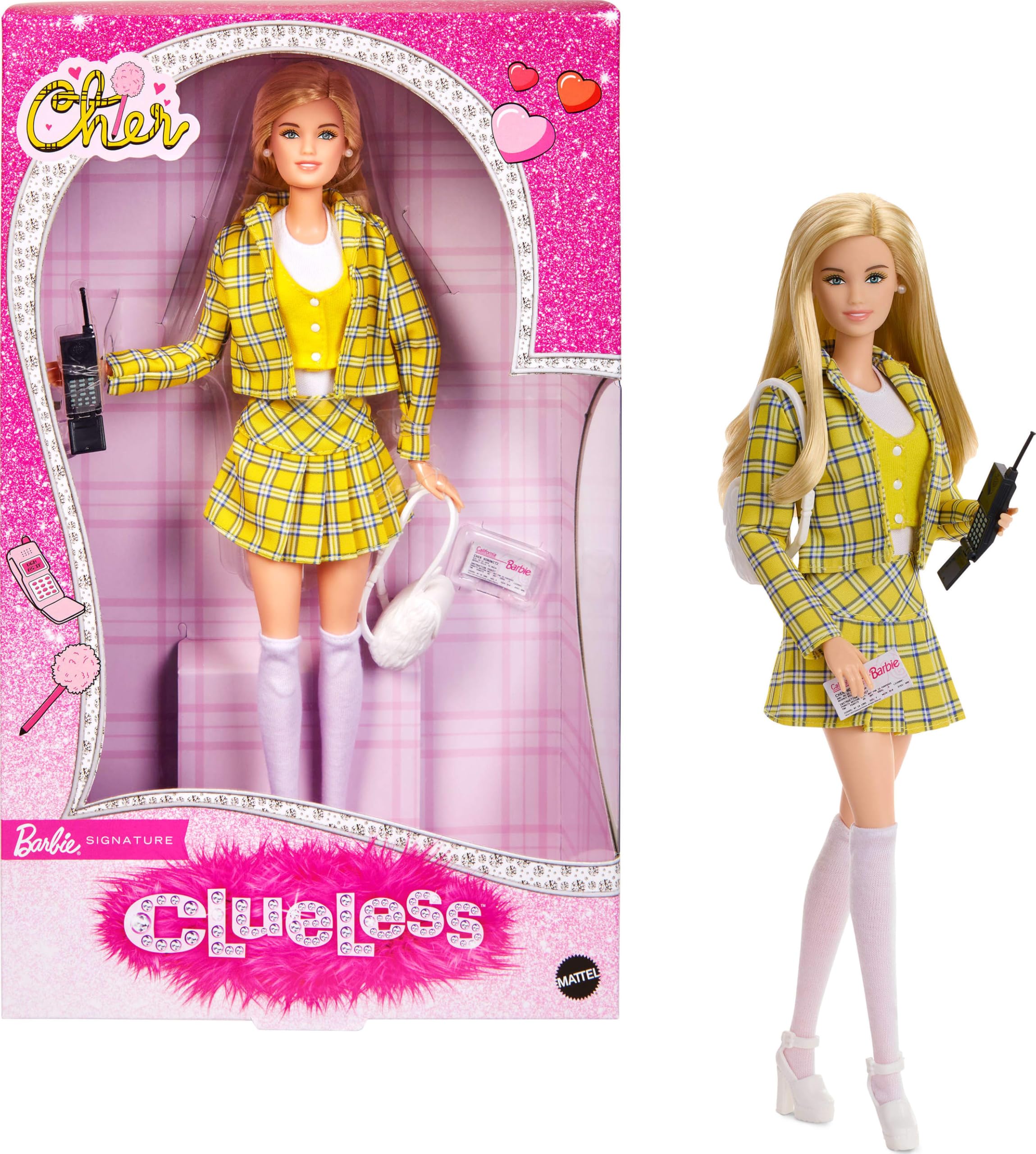 Photo 1 of Barbie Signature Doll, Clueless Cher Collectible in Yellow Plaid Suit with Backpack, Cell Phone, & Learner’s Permit Accessories
