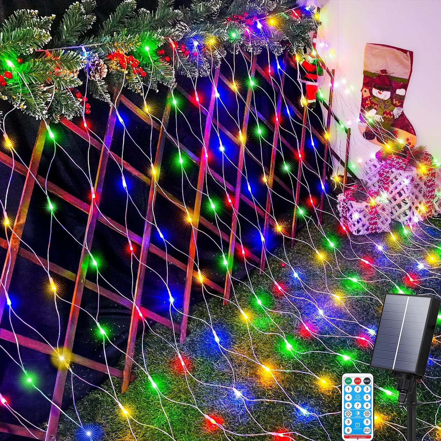 Aofonchy Solar Net Lights Outdoor, 1.5 * 1.5M 96 LED Net Fairy Light with Remote, Weatherproof Fairy Mesh Lights, 8 Modes 4.9 * 4.9FT NetLights Solar for Christmas Garden Bushes Fence Party Decor