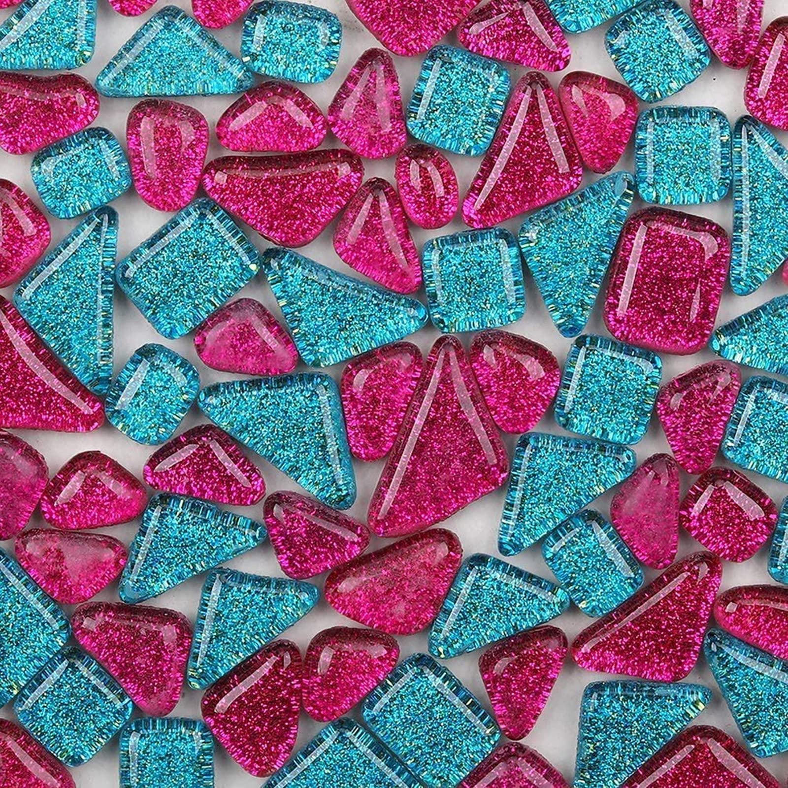 200g Assorted Colors Glass Mosaic Tiles Irregular Glitter Crystal Mosaic Stones Glass Pieces for Home Decoration or Crafts(Raspberry)