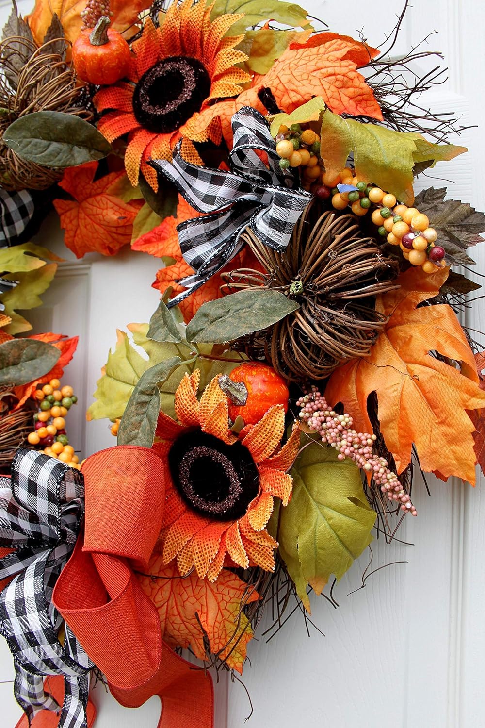 Decorative Accessories Front Door Wreaths For Fall With Vine Pumpkins Sunflowers Buffalo Plaid Wired Ribbon Berries Fall Foliage Handmade Products