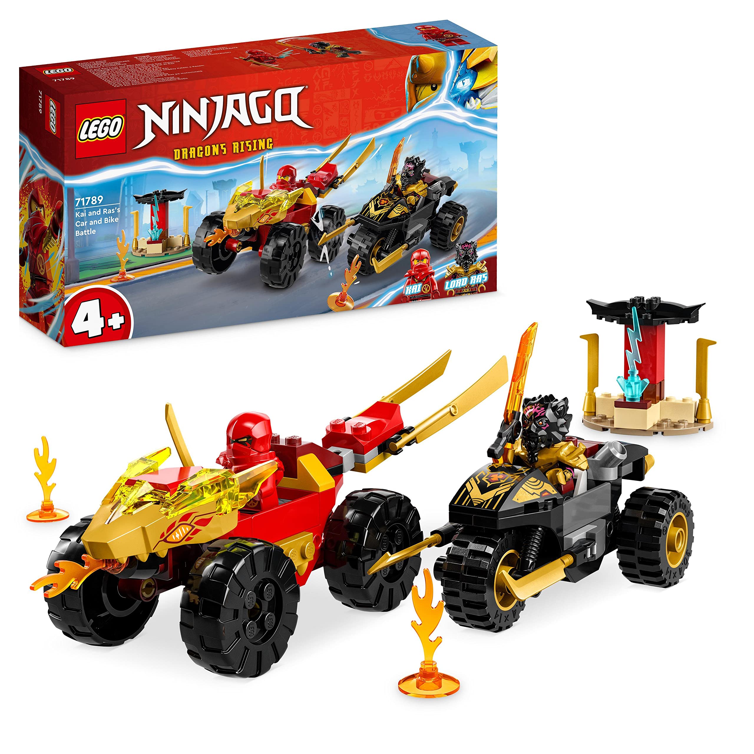 LEGO NINJAGO Kai and Ras's Car and Bike Battle Set, Ninja Racing Toy for 4 Plus Year old Boys & Girls, with 2 Minifigures and Vehicles from the Dragons Rising Series, Kids' Gift Idea 71789