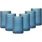JOVGANK Blue Vintage Hobnail Drinking Glasses Set of 6, Water Tumbler 15oz, Kitchen & Bar Beaded Highball Glasses, Beverage Glass Cups for Water, Beer, Juice, New Year Gifts