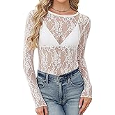 LOMON Womens Mesh Tops Lace Shirts Long Sleeve Crew Neck Sexy See Through Blouses Tee Party Club Night