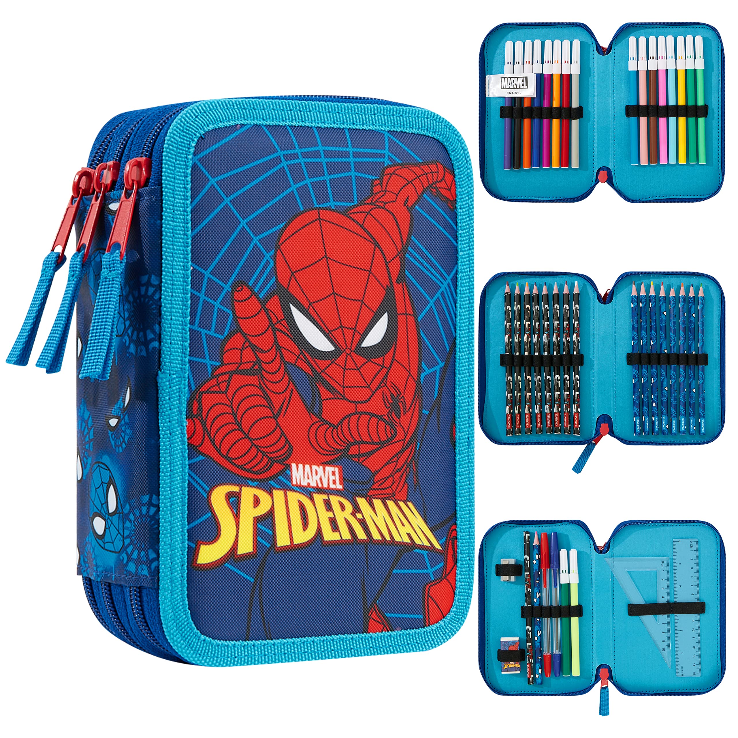 Marvel Pencil Case with Stationery Included School Supplies Filled Large Pencil Case Multiple Compartments Colouring Pencils Pens Boys Stationery Set Gifts for Boys (Spiderman Triple Zip)