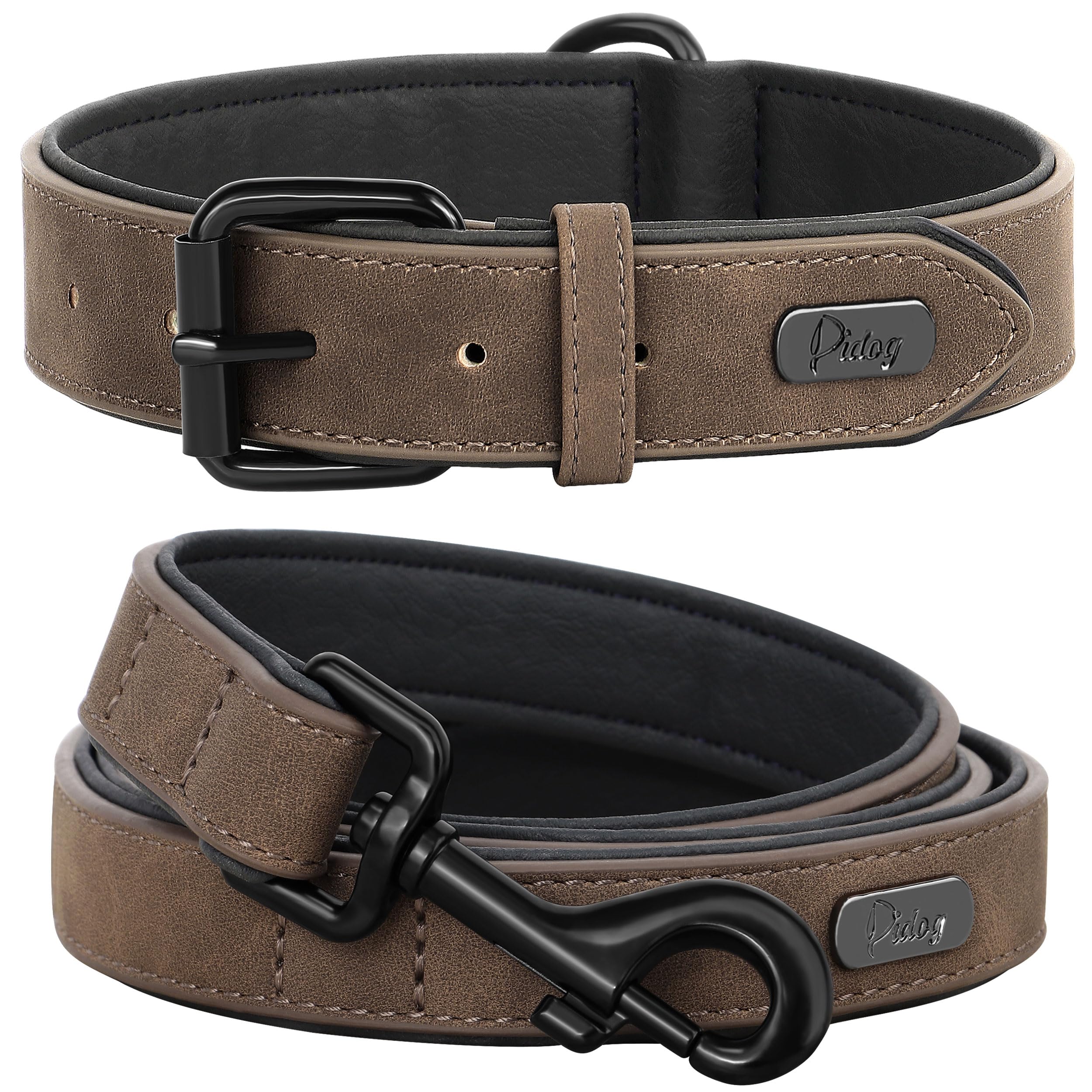 Photo 1 of Didog Soft Padded Leather Dog Collar and Leash Set, Adjustable Dog Leash and Collar Set with Metal Buckle, Breathable Dog Collars with 4FT Leather Dog Leash for Small Medium Large Dogs, Brown, M