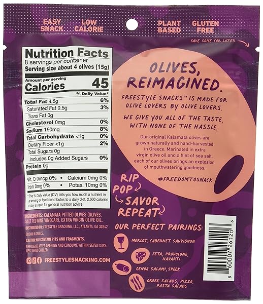 FREESTYLE SNACKS EXTRA VIRGIN OLIVE OIL KALAMATA OLIVES, 4 OZ