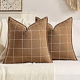 Dark Brown Plaid Throw Pillow Covers 18x18 Set of 2, Farmhouse Brown Bed Decorative Throw Pillows Plaid Cushion Covers 18 x 18, Vintage Decor Tan Accent Checkered Pillows For Living Room Couch Sofa