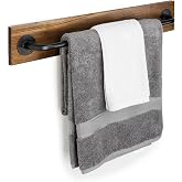 MyGift Industrial Pipe Towel Bar, 28" Burnt Wood Wall Mounted Towel Rack | Farmhouse Rustic Hanging Storage For Washcloths Bathroom Kitchen Laundry Iron Fixture Vintage Modern Home Organization