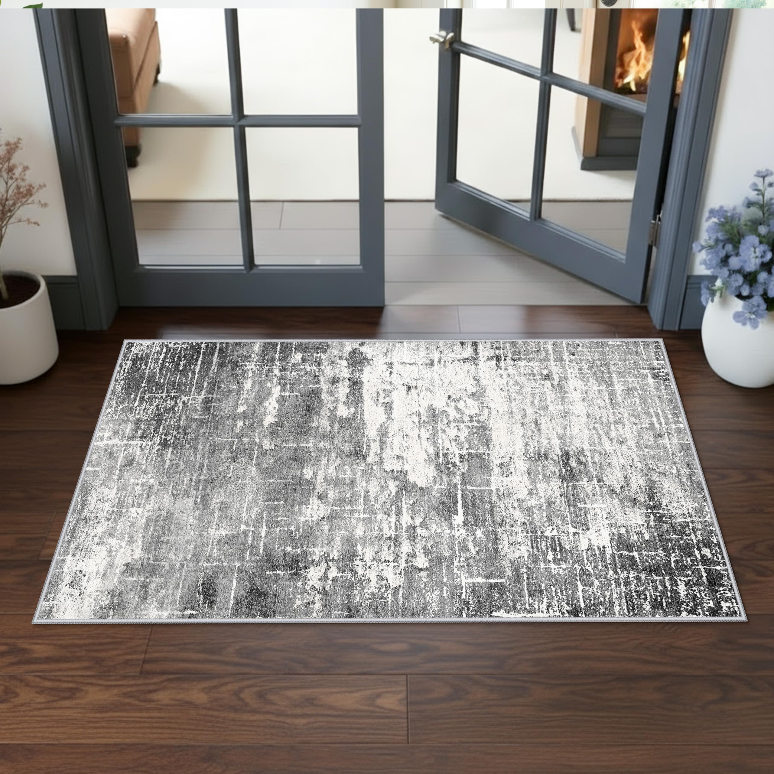 Photo 1 of **DIRT FROM TRANSPORT ****Abstract 2x4 Entryway Area Rugs: Washable Water Resistant Kitchen Rug Non-Slip Durable Doormat Ultra Soft Bedroom Beside Carpet Indoor Low Pile Floor Mat for Bathroom Stove Sink Area(2x4,Black/Grey)