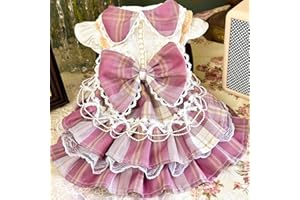 SipSylph Plaid Princess Dog Dress, Multi Layered Skirt Lace Trim Design Dog Outfit, Girl Dog Clothes with Large Bow & Bow Hai