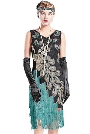 Coucoland 1920s Kleid Damen Pfau Flapper Charleston Kleid V Ausschnitt Great Gatsby Motto Party Damen Fasching Kostüm Kleid