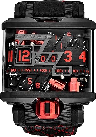 Devon TREAD1GP63 Limited Edition Rotating Belt Time Display Black/Red Rechargeable Watch