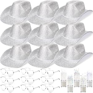 Coume 23 Pcs Cowboy Light up Hat Bulk Sparkly Holographic Hats with Heart Sunglasses for Women Costume Western Party